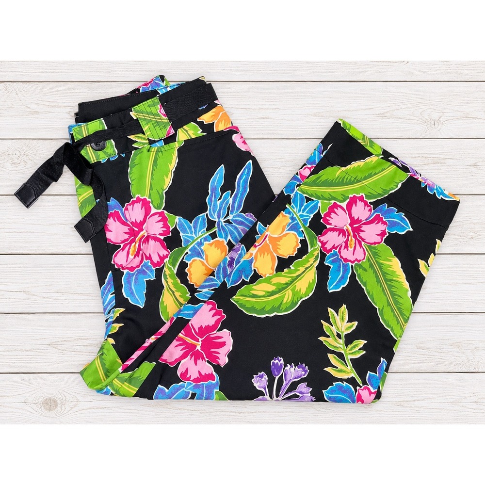 White Stag Capri Pants Tropical Floral Hibiscus Print Belted Summer Beach Size 8